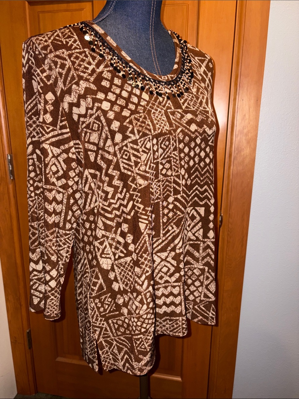 CITIKNITS Beaded Crewneck Brown & Cream Patterned Women's Blouse